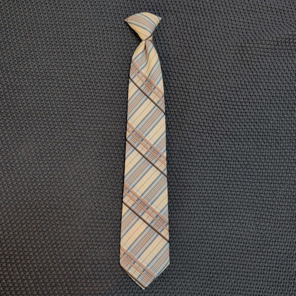 Sears Fashion Collection Clip-On‎ Tie Mens OS Tan Blue Brown Plaid Vintage 70s
